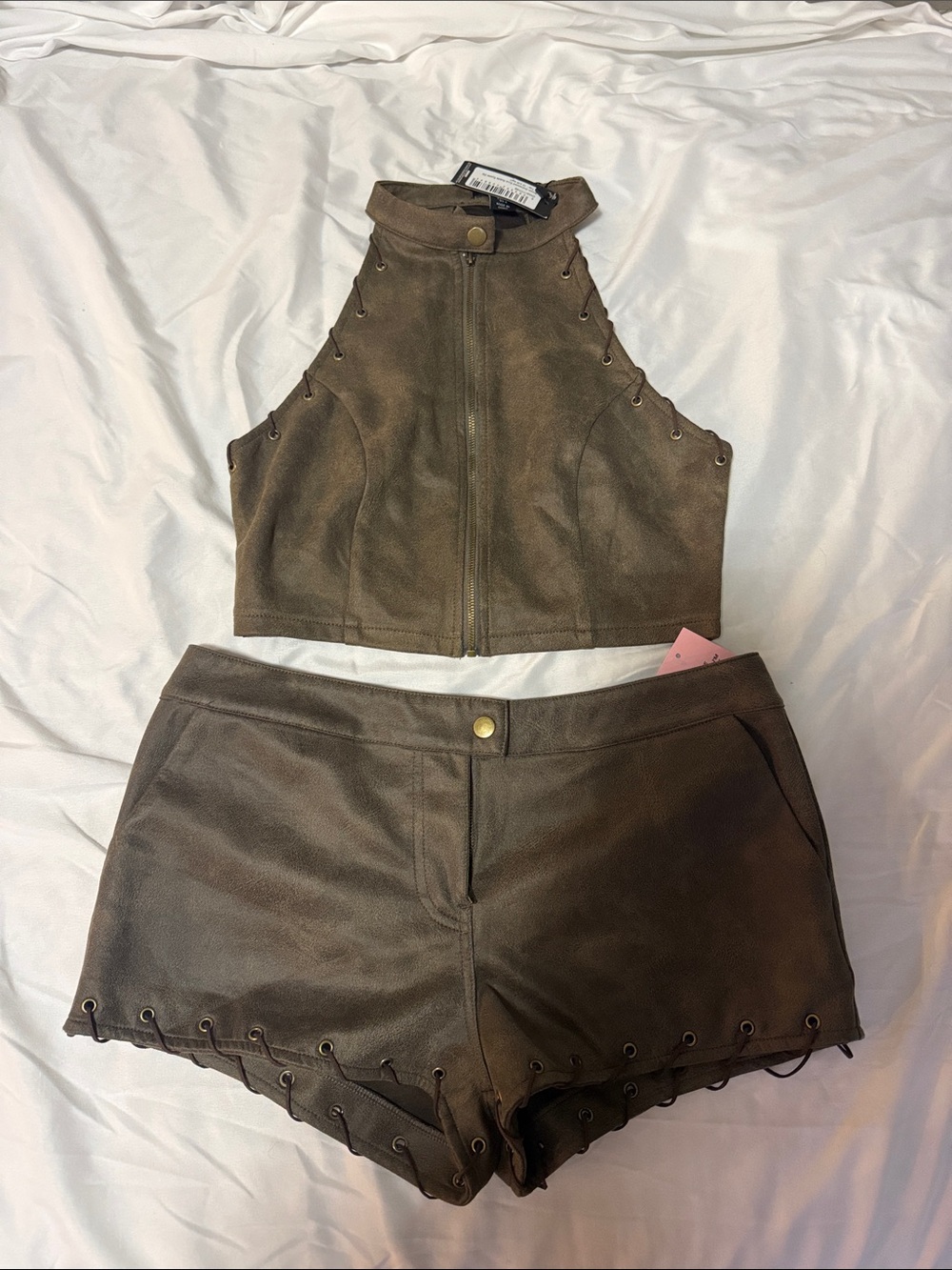 PrettyLittleThing Brown Suede-Look High Waist Shorts Set
